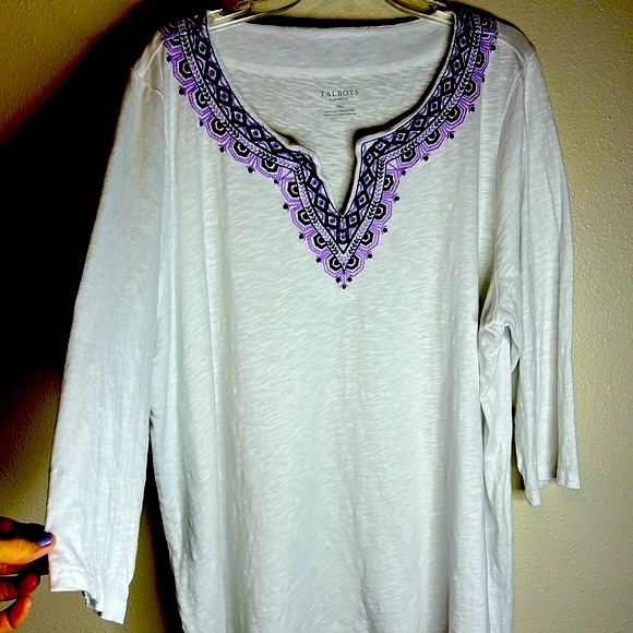 Talbots Embroidered V Neck Top Size 3X Petite White 3/4 Sleeve Boho Cotton - Picture 3 of 17